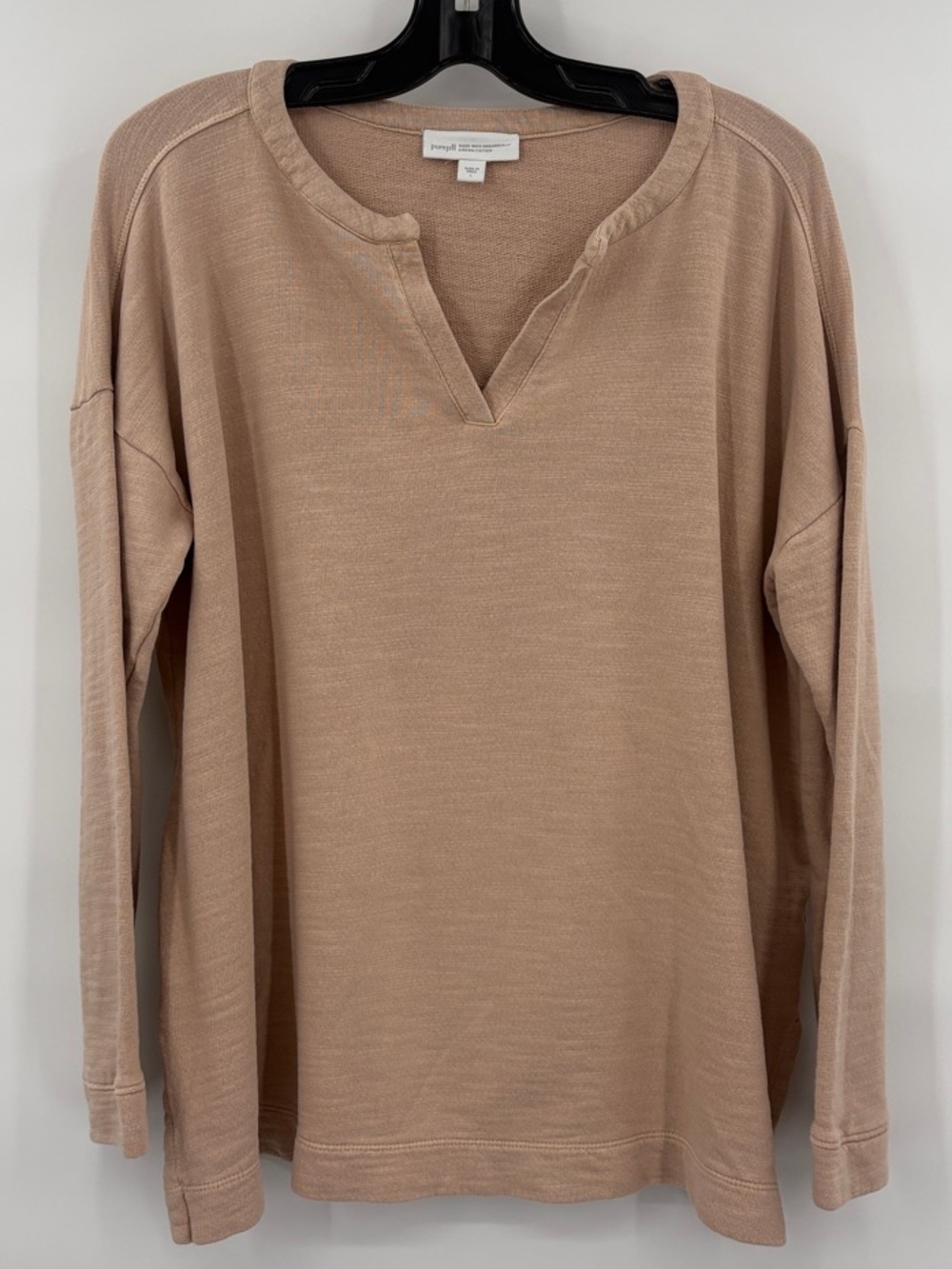 Purejill 100% Organic Cotton Taupe Notch-Neck Long Sleeve Top Size L